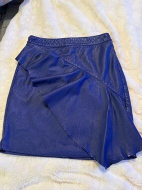 Vintage Guess Electric Blue Faux-Leather Mini Skirt with Ruffle Overlay